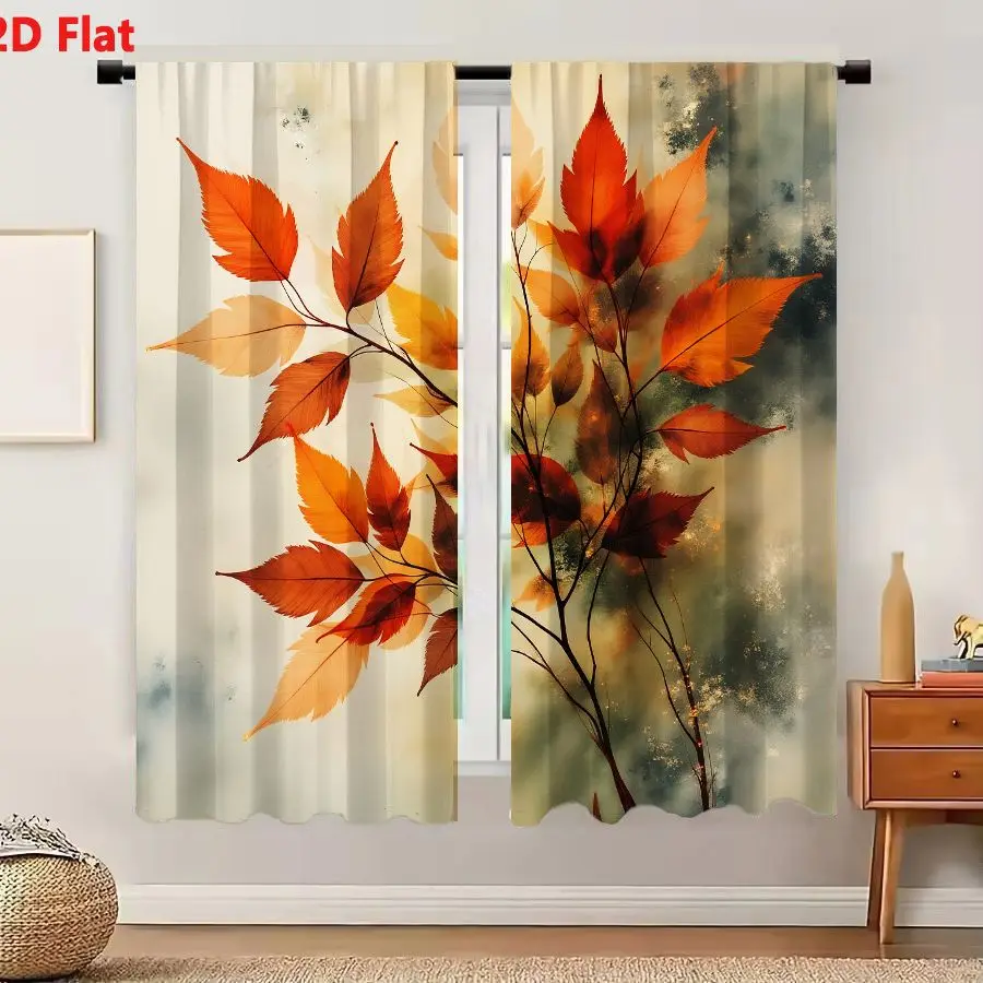 2Pcs Curtains 2D Flat Autumn Leaves Branches Orange Amber Reddish Brown Abstract Background Digital Art Window Drapes for Bedroo