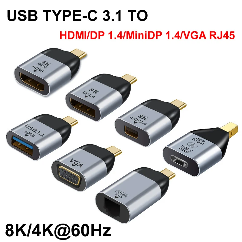 

USB Type-C 3.1 Male to Vga/DP/GB/Mini DP RJ45 Female4K@60Hz 8K@60Hz 3d Adapter video audio Cable Converter For Samsung Huawei Ph