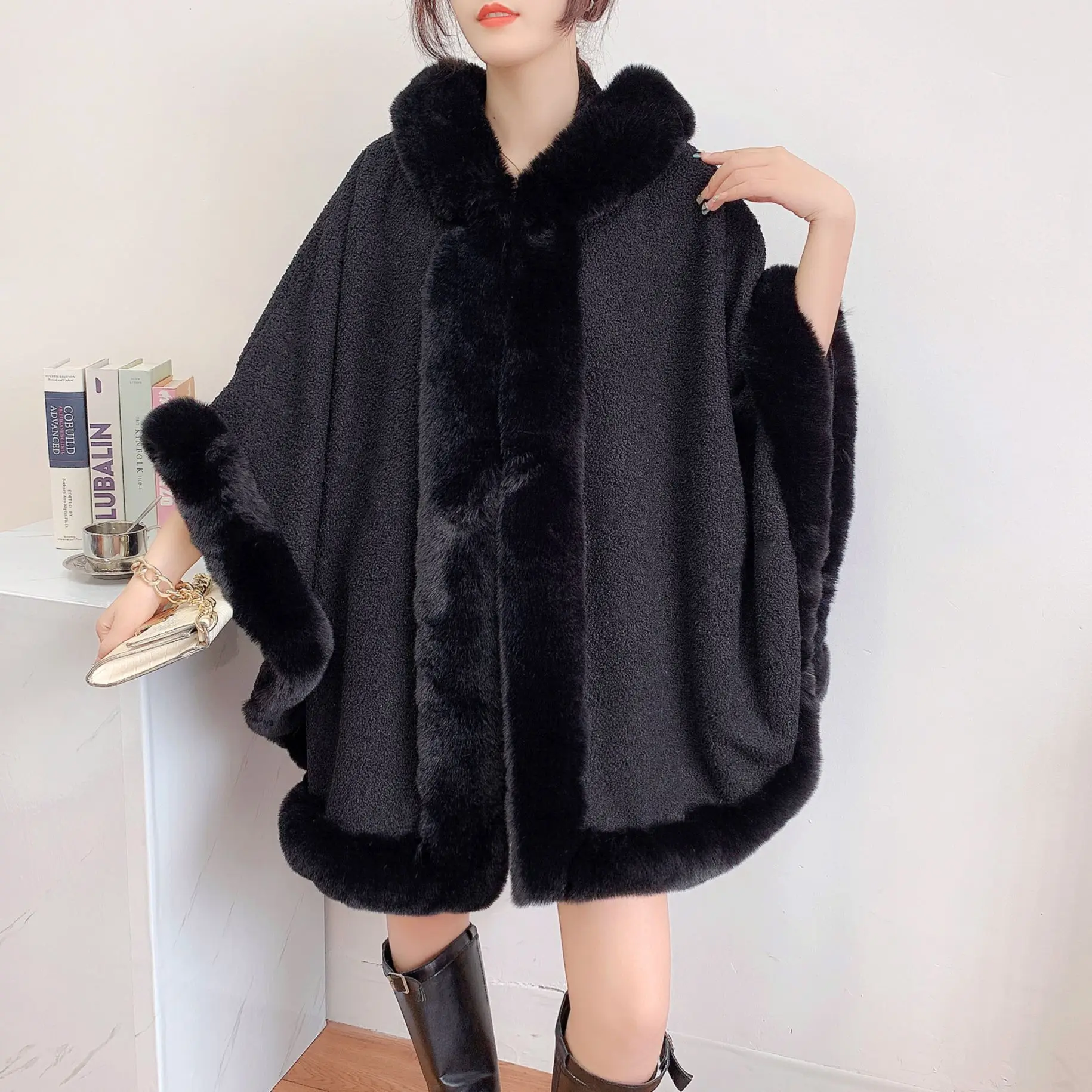 

Winter Thick Warm Shawl Party Outer Wear Cloak With Hat Women Long Faux Rabbit Fur Big Collar Granular Velvet Loose Capes Coat