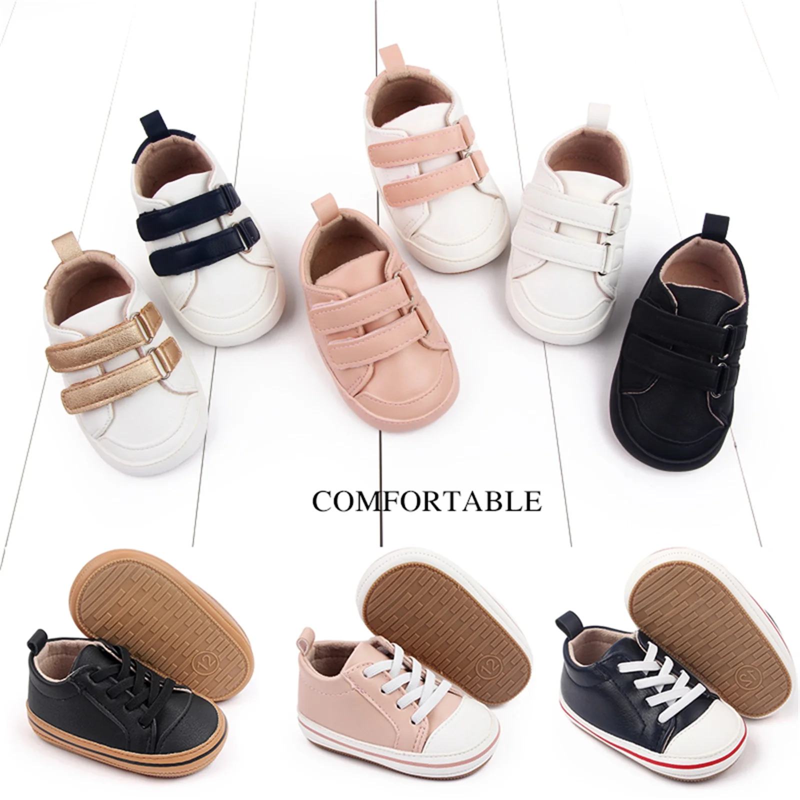 Infant Baby Boys Girls Moccasins Sneakers Solid Color/Contrast Color PU Leather Anti-Slip Sole Prewalker First Walker Shoes