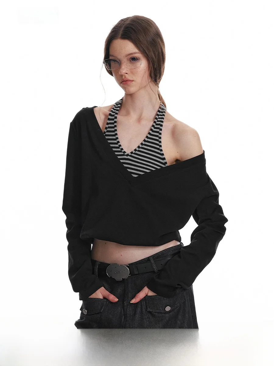 

ALINNV Original Bla Ne Hanging Loose Top Women's Faion Design T-irt Cool Sle Pure Color Long Sve ort Length