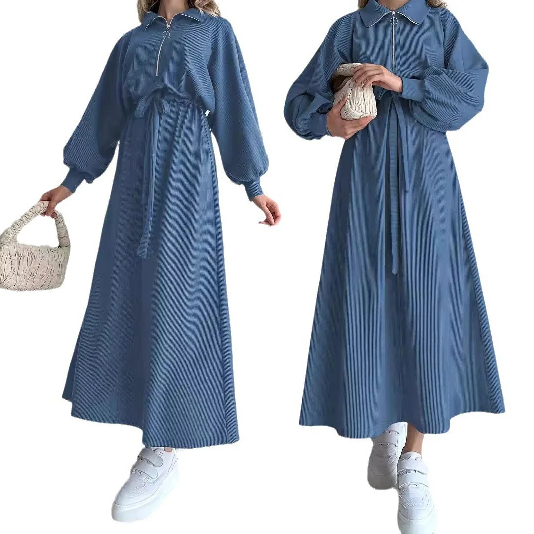 

Fashion Muslim Dress New Solid Color Zipper Belt Fashion Lapel Elegant Dress Muslim Women Modest Long Dresses