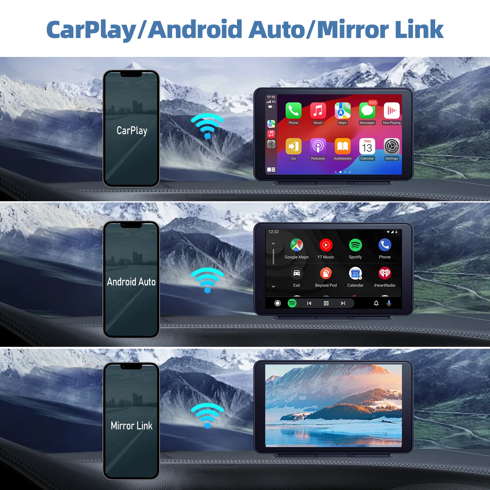 شاشة Apple Carplay/Android Auto المحمولة للسيارة، شاشة لمس 7 بوصة، مشغل وسائط متعددة لاسلكي للسيارة مع تحكم صوتي،