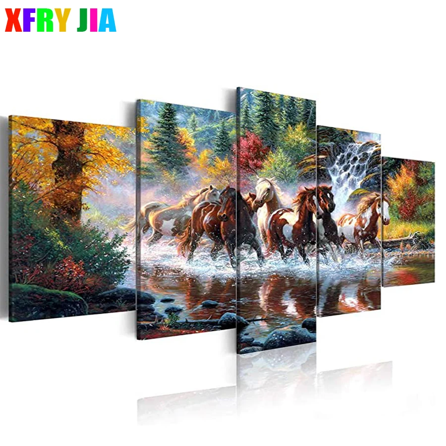 

Diamond Mosaic drill nature scenery animal galloping horse Cross Stitch Diamond Art Painting Full Decor For Home5pcs