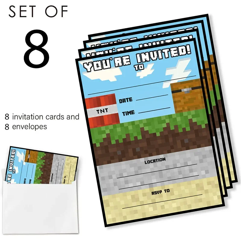 Pixel Theme Cartoon Birthday Mine Crafter Greeting Card Single-Page Invitation Card for Kid Game Supply 8pcs Party Supplies
