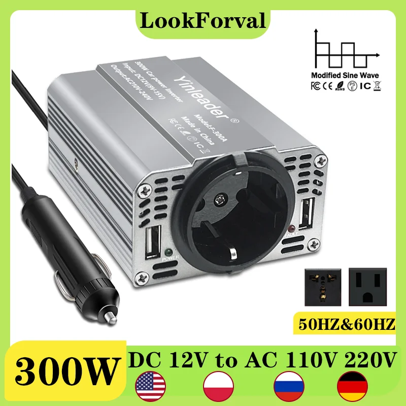 Car Inverter 300W DC 12V to AC 110V 220V Converter Dual USB 3.1A Charging EU UN US Socket 50HZ 60HZ Modified Sine Wave Inverter