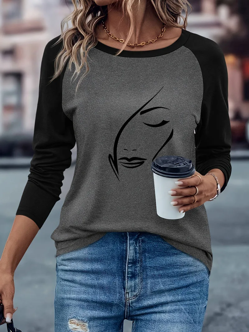 Retro Face Print Casual Long Sleeve Vintage T-shirt Harajuku Winter Autumn Graphic Long Sleeved Comfortable T Shirt Women