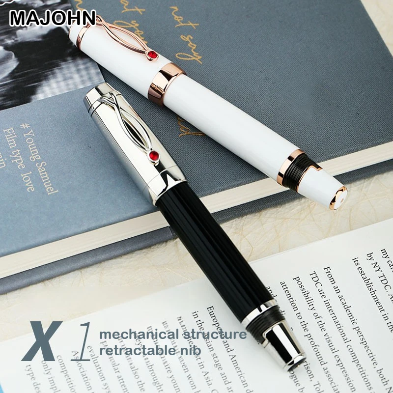 Pióro wieczne Majohn X1 z żywicy, wysuwane, białe/czarne, irydowa stalówka 0,38 mm, krótkie, idealne na prezent, artykuły papiernicze, do szkoły i biura. — zdjęcie produktu 2