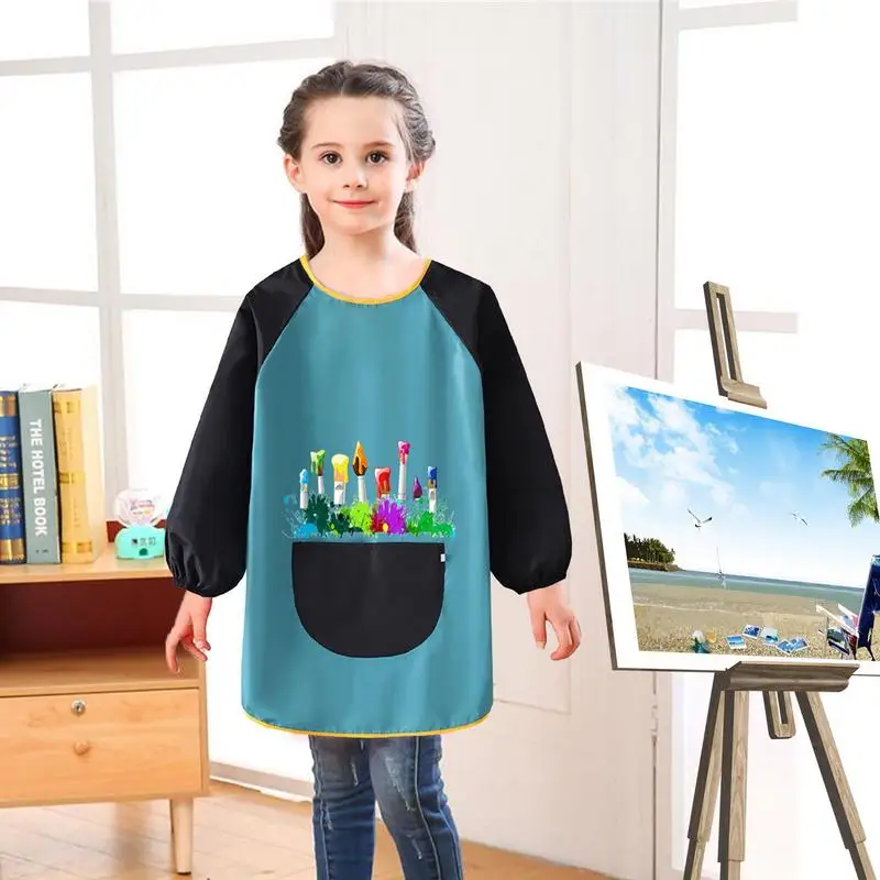 Kids Waterproof Painting Aprons with Big Pocket Adjustable Long-Sleeved Art Smocks for Writing Painting Cooking Pottery School