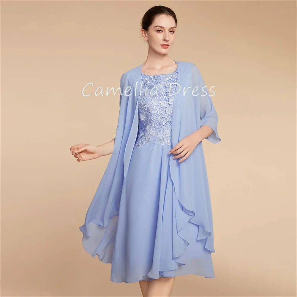 Elegant Scoop Neck Mother Of The Bride Dress New Two Piece Sheath Chiffon Lace Formal Dresses Vestidos Mae Da Noiva Casamentos