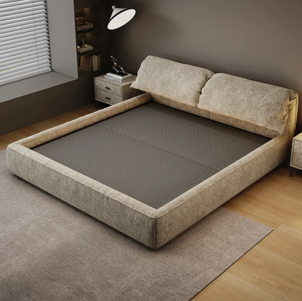 *q for Modern Dark Grey Genuine Leather Button Tufted Headboard Foot Board Double Bed Upholstery Full Queen Size Wooden Bed*