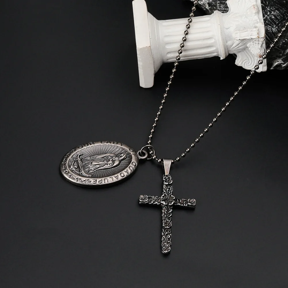 Vintage Virgin Mary Pendant Necklace Cross Belief Religion Hip Hop Long Sweater Chain Men and Women Titanium Dteel Necklaces