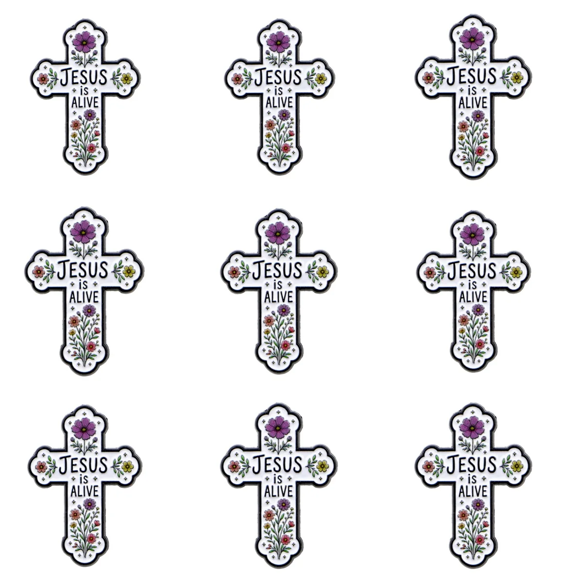 9 Stück Blumenkreuz-Emaille-Anstecknadeln „Jesus ist lebendig“ Zitate Reversnadel Religiöses Glaubensabzeichen für Kleidung Rucksack Dekoration Geschenk – Detail 2