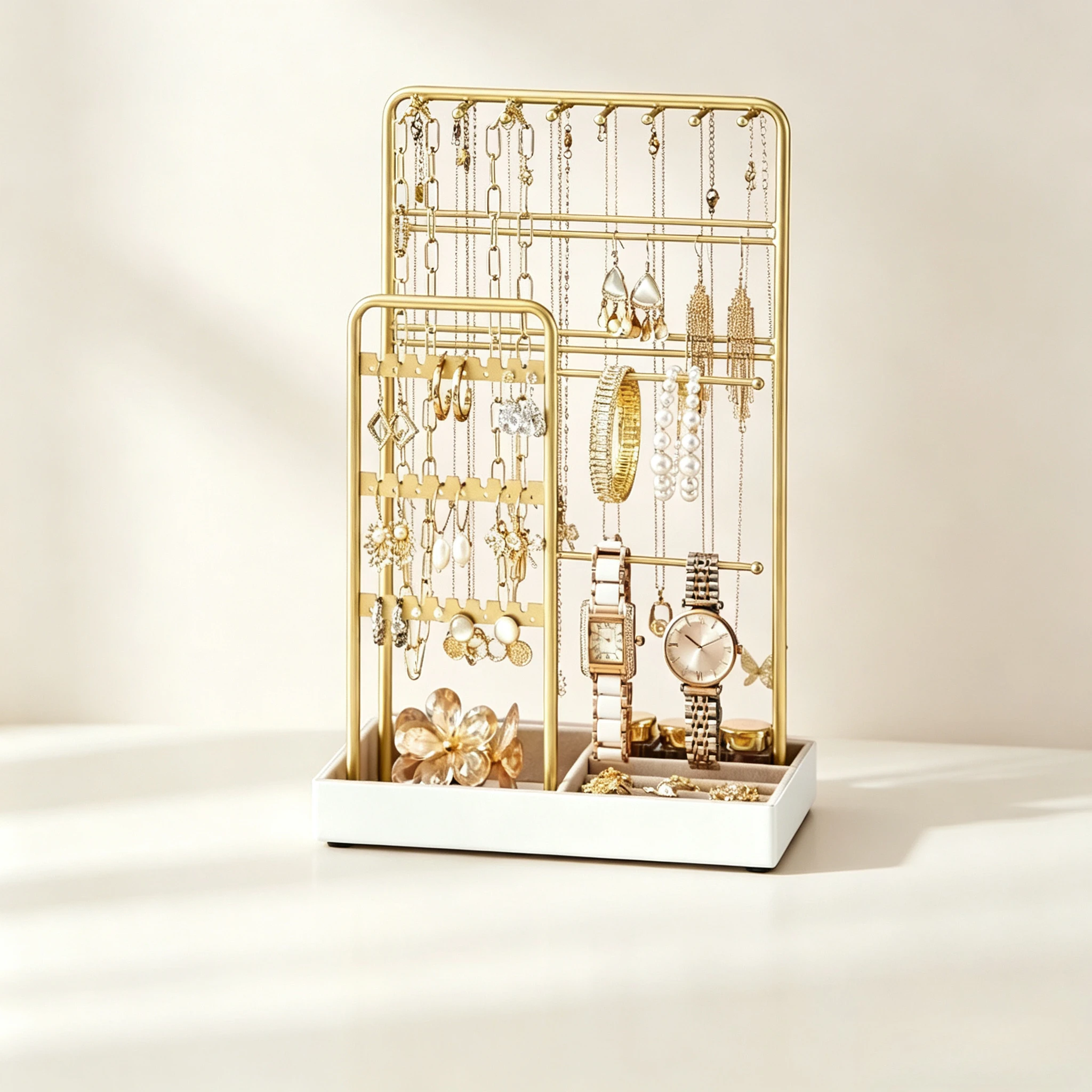 Jewelry Organizer Display Stand with Velvet Tray & Metal Frame, Necklace Earring Bracelet Holder, 3-Tier