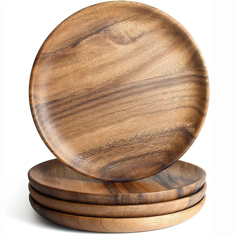 

4Pcs Wooden Plates 8 Inch Acacia Wood Dinner Plate Set Cake Dessert Plate Snack Serving Dishes Salad Fruit Platter Tableware