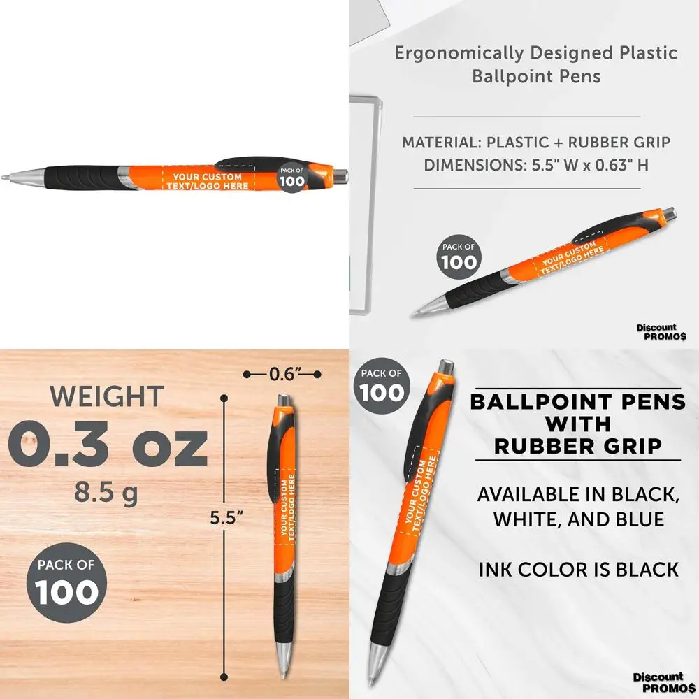 

Customizable Rubber Grip Ballpoint Pens - 100 Pack, Black Ink, Soft Touch, Promotional Logo and Text Options