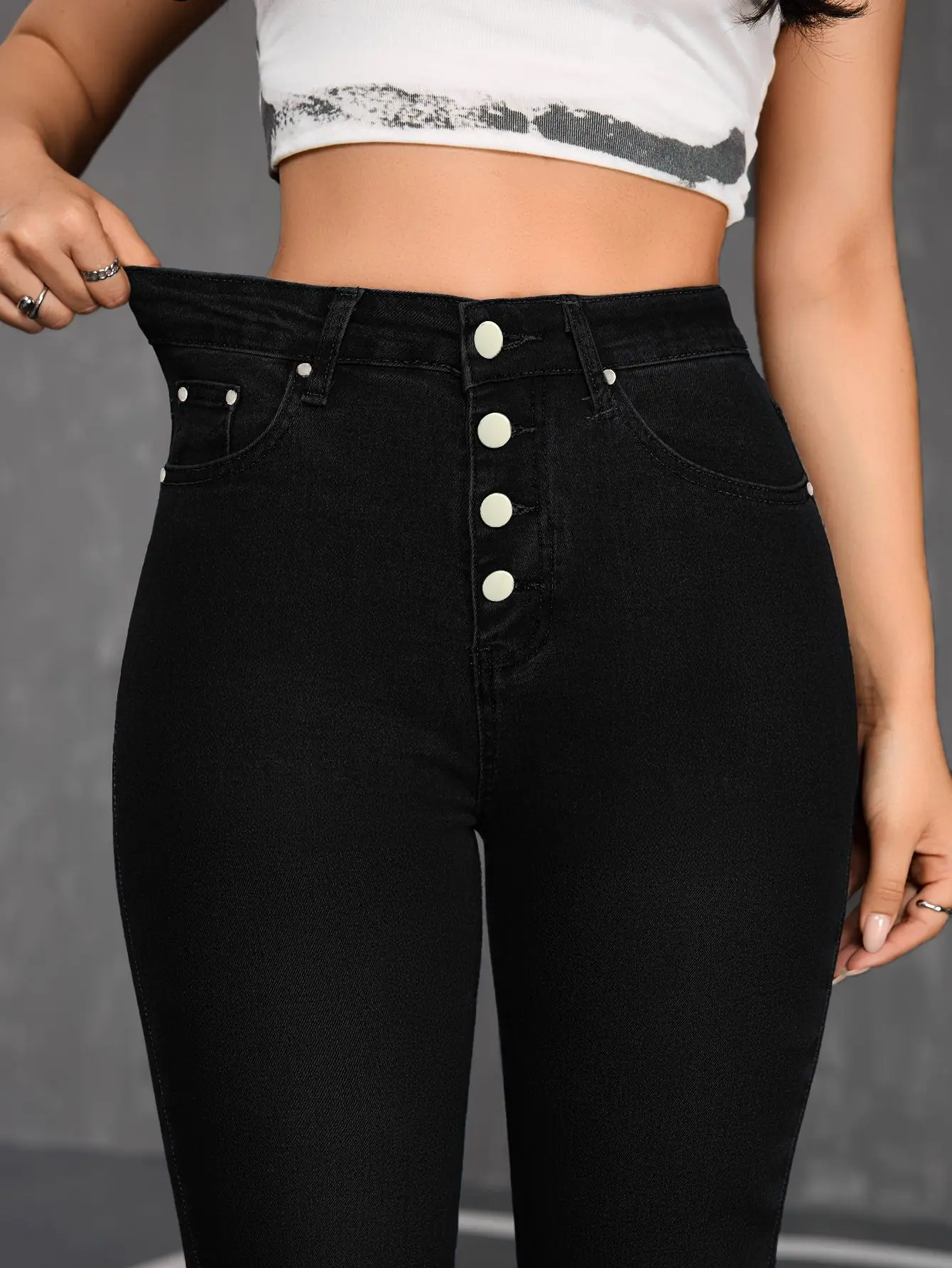 Women's Elastic Black Denim Jeans with Double Row Buttons And Cuffed Ankle Positioning Classic Black Stretchy Casual Pants