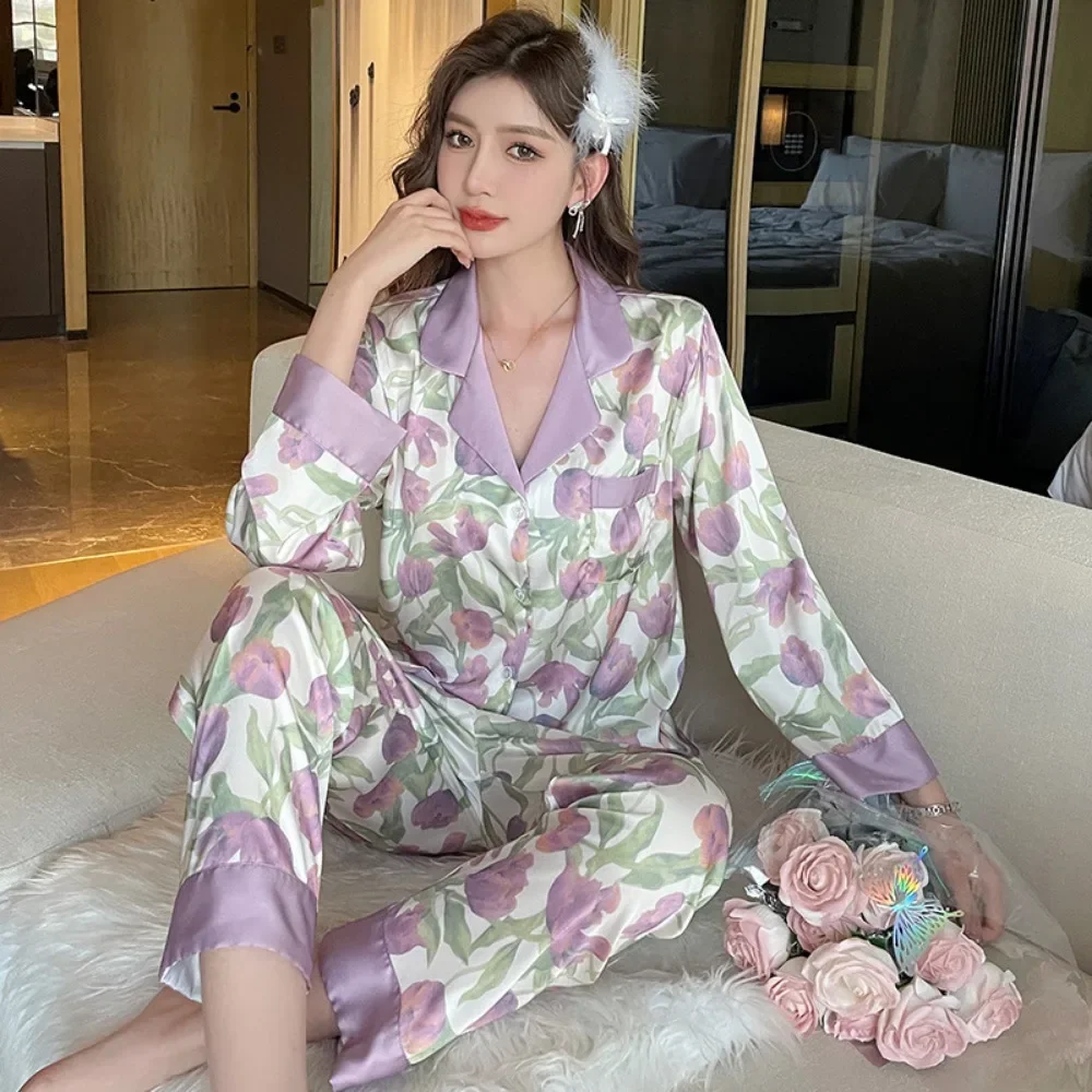 

Woman Pajama Set Satin Silk Sleepwear Long Sleeve Pijamas Loose-fit Lightweight Luxury Ice Silk Cardigan Lapel Home Clothes