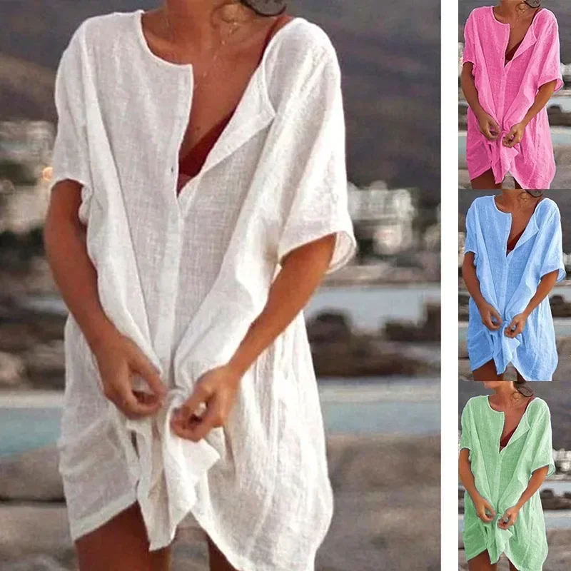 Women\'s Long Short-sleeved Shirt Summer Seaside Holiday Beach Bikini Swimsuit Cover-up Solid Color Casual Loose Button T-shirt