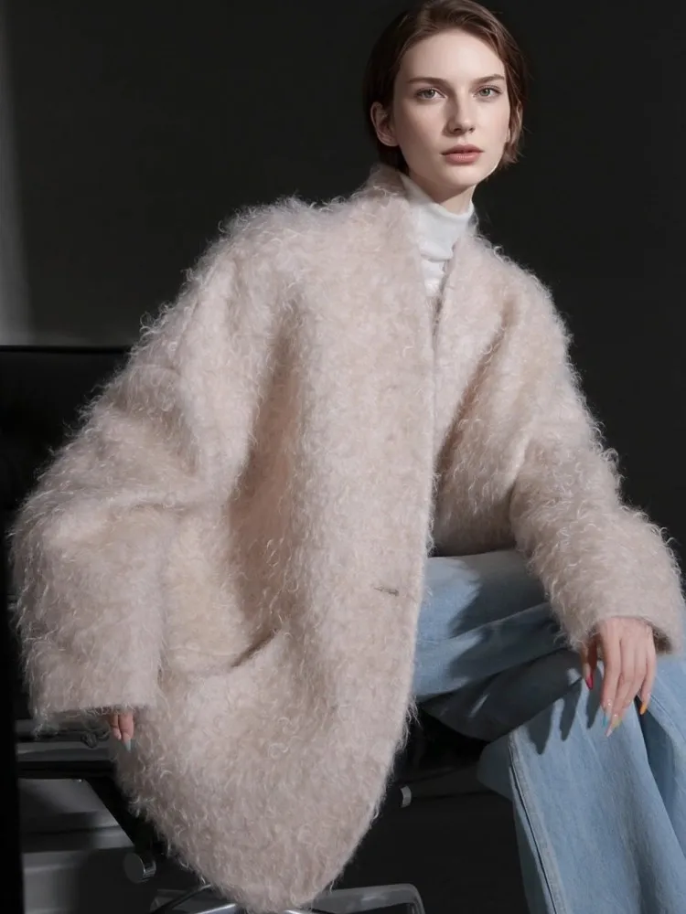 Elegant Fashion Women Solid Color Ripple Wool Coat V Neck Single Breasted Outerwear Winter Overcoat Female Loose Fit Warm Jacket