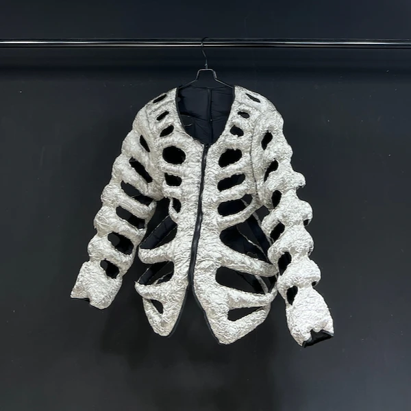 Skeleton Silver Cotton Padded Jacket Personality High Street Long Sleeve Hollow Out Vest Coats Men and Women Party Club Perform