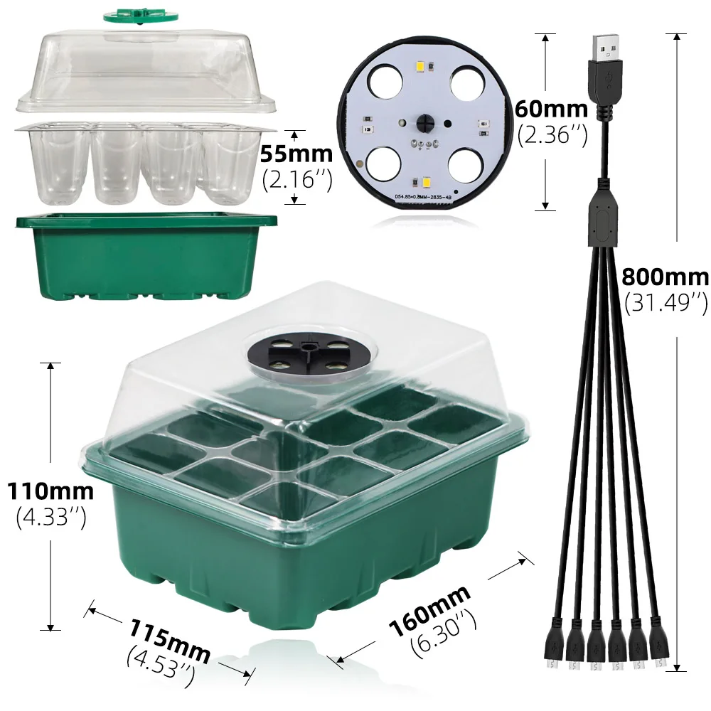 Seed Starter Trays with Dome and Grow Light Plant Germination Kits Greenhouse Planting incubator Adjustable Ventilation Humidity