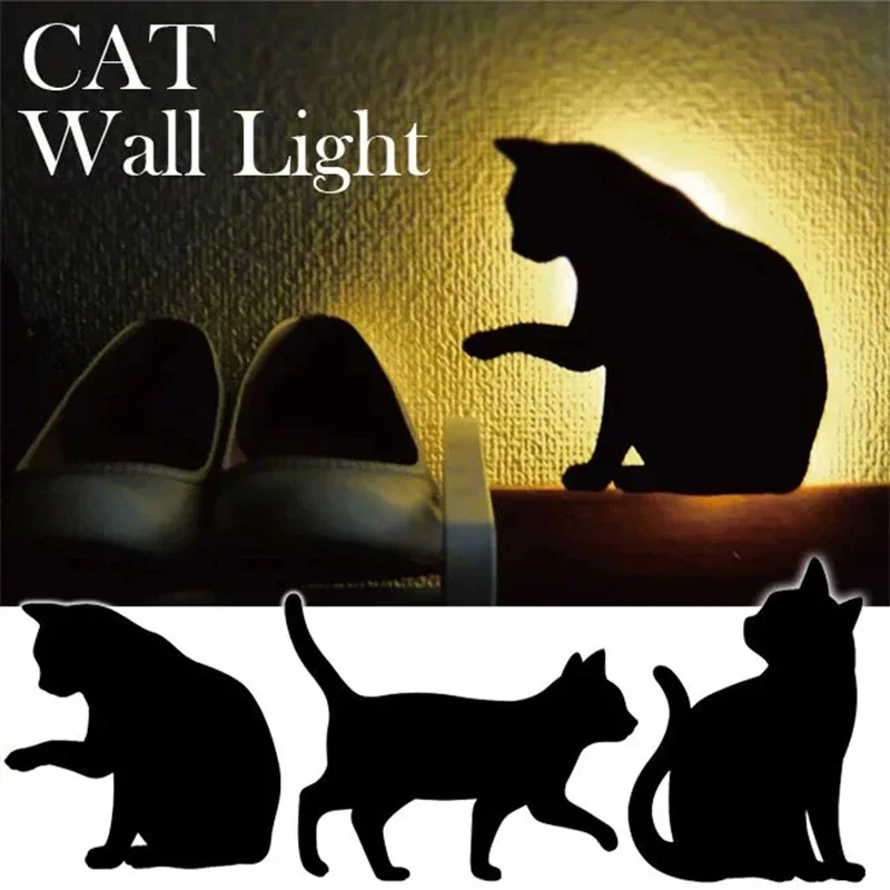 Led Cat Night Light with Motion Sensor Night Lamp Projector Lights Intelligent Sensor Light Sconces Battery Nightlight Art Deco