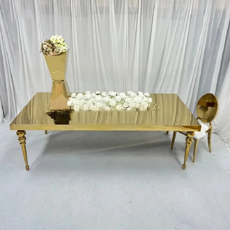 Mesa de comedor de acero inoxidable dorada, espejo de lujo, larga, boda