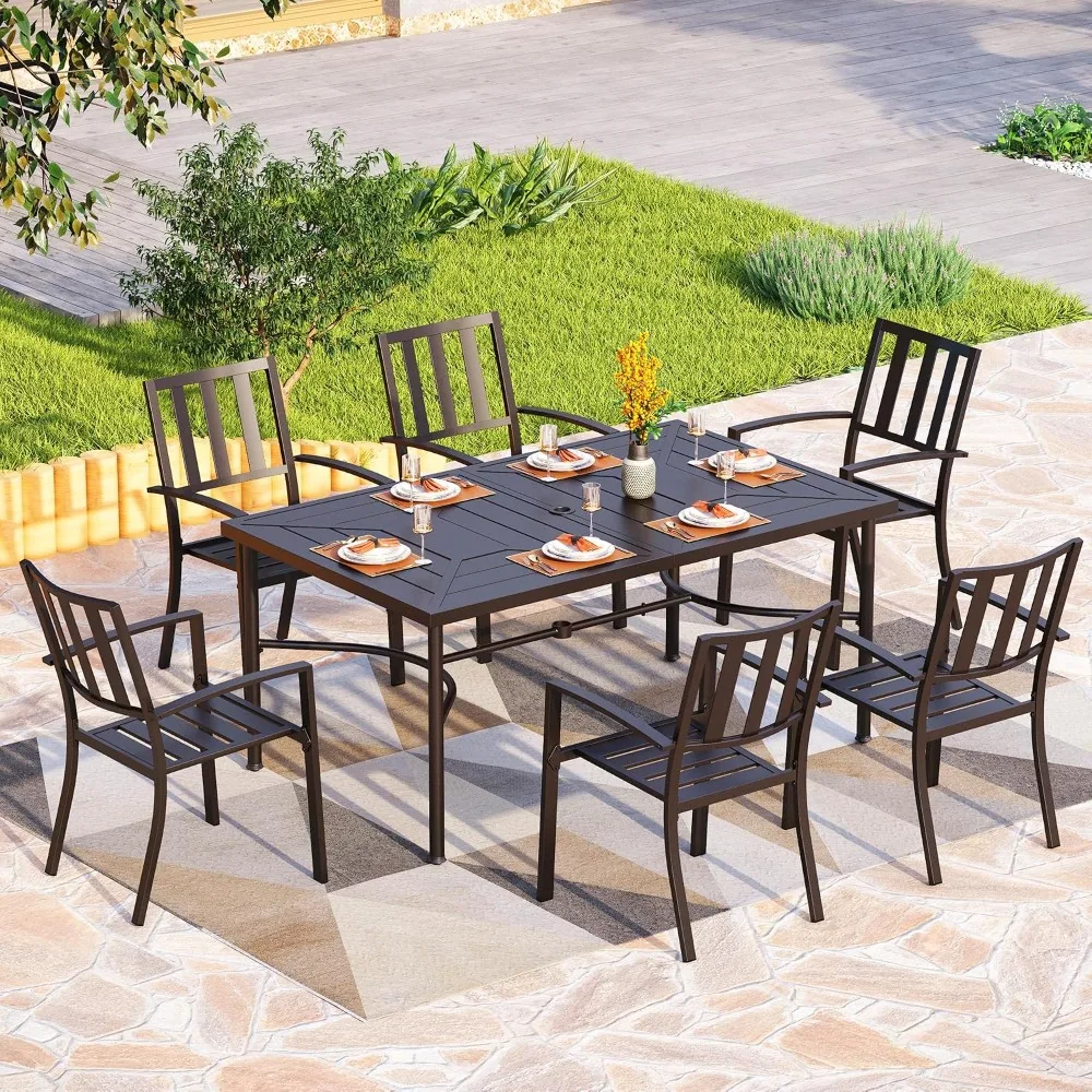 Patio Table for 6, 64 Inch Black Metal Dining Table with Umbrella Hole