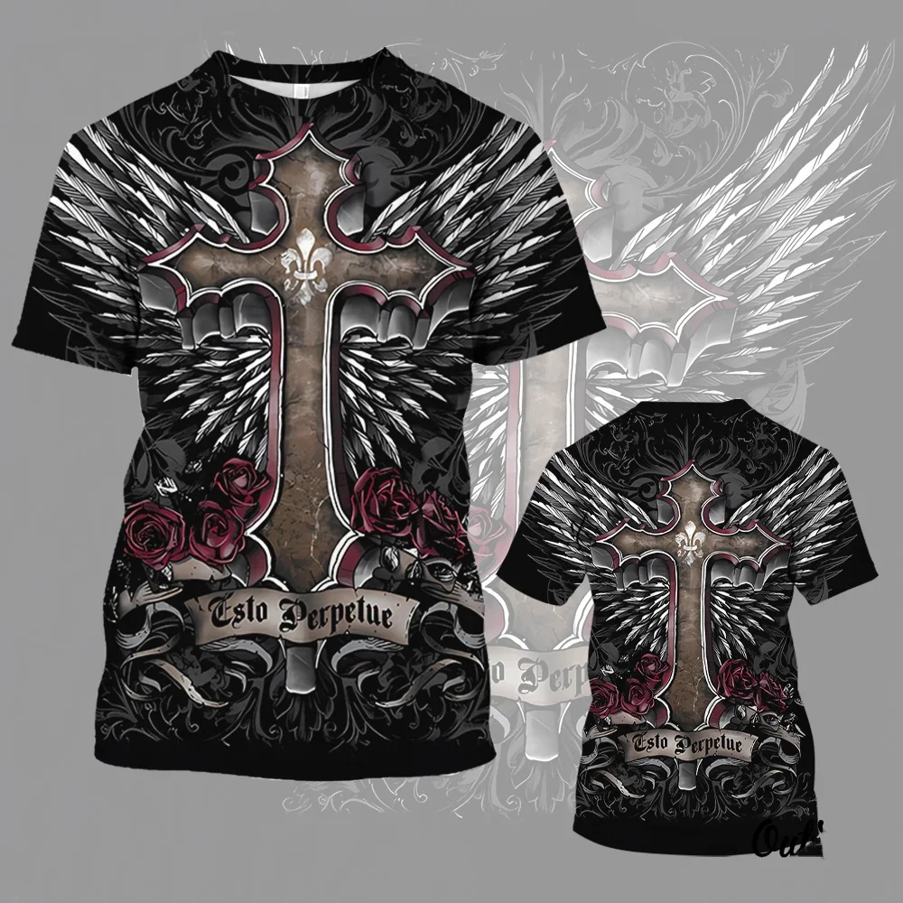 

Summer New Fashion Interesting 3D Jesus Cross Print Men's T-shirt Fashion Wing Print Short Sleeve Top Summer Casual O-neck Loose