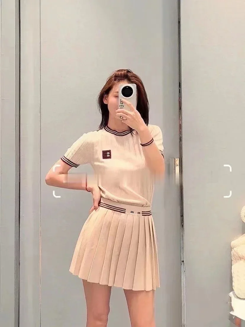 M2024 New Women's Spring/Summer Knitted Slim Fit T-shirt Short Skirt Casual Set for Women 2 Pieces sets womens outfits 2024