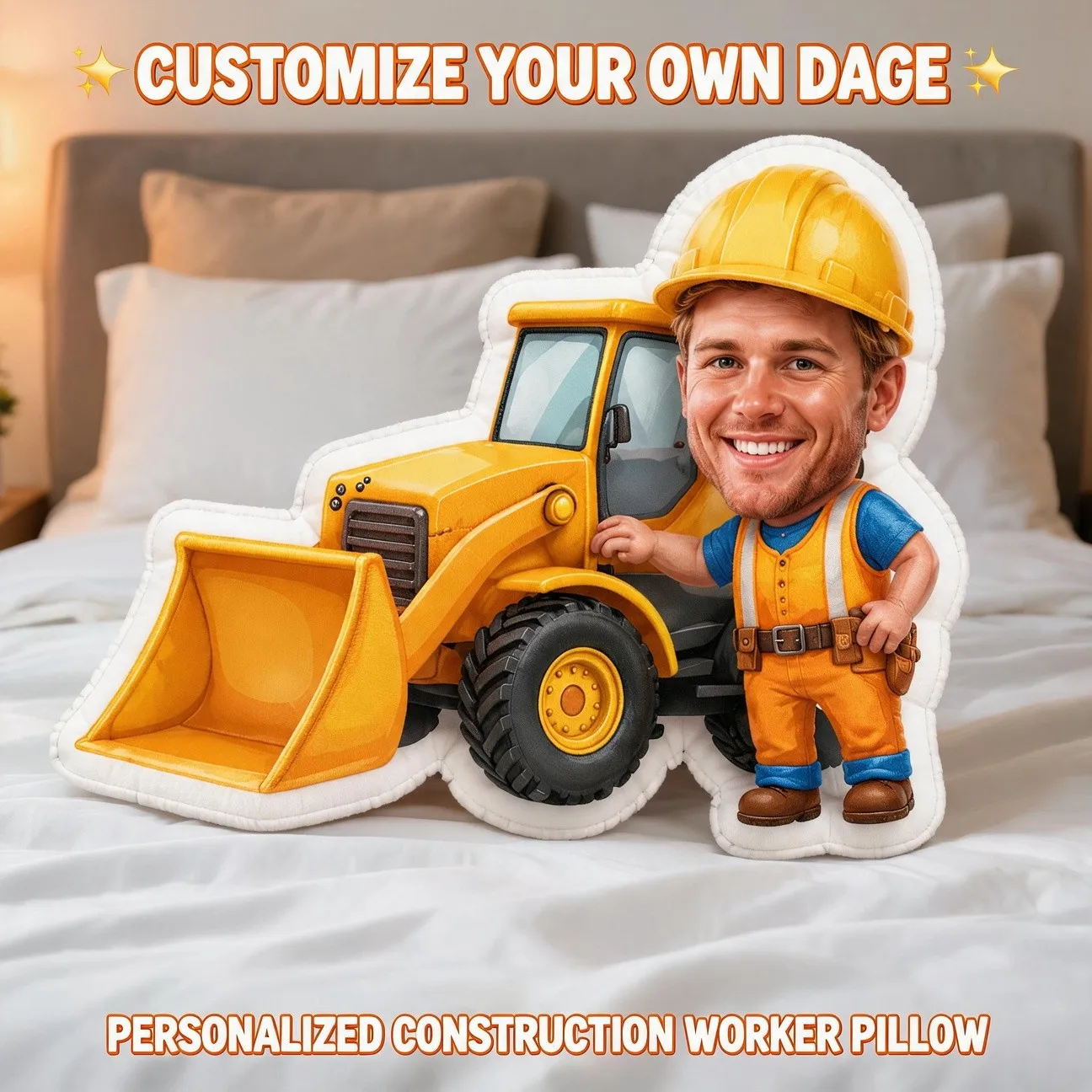 Custom Personalized Photo Face Pillow, Construction Worker & Excavator Custom Shaped Decorative Cushion Unique Home Decor Accent