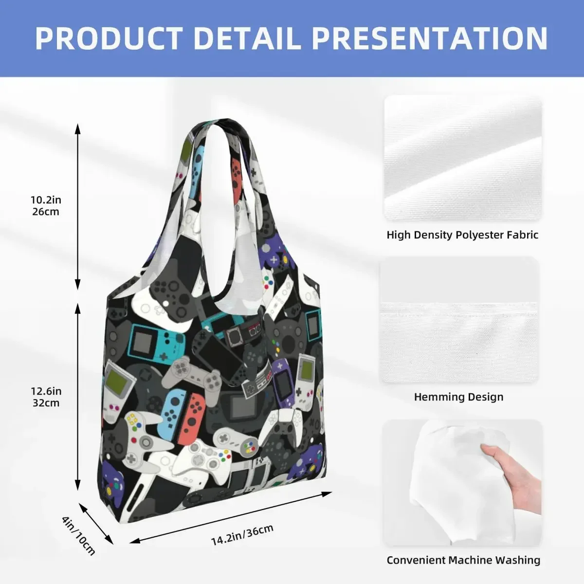مخصص ألعاب الألعاب تحكم قماش حقيبة تسوق المرأة قابل للغسل سعة كبيرة البقالة لعبة فيديو عاشق حمل أكياس المتسوق