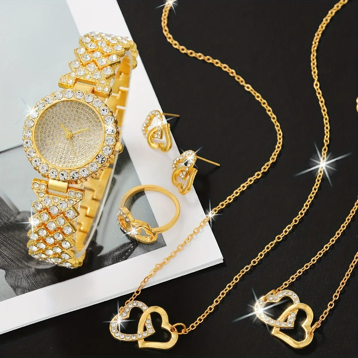 1pc Rhinestone Decor Quartz Watch Elegant Starry Dial Analog Dress Watch & 5pcs Jewelry Set, Gift For Mom/Girlfriend