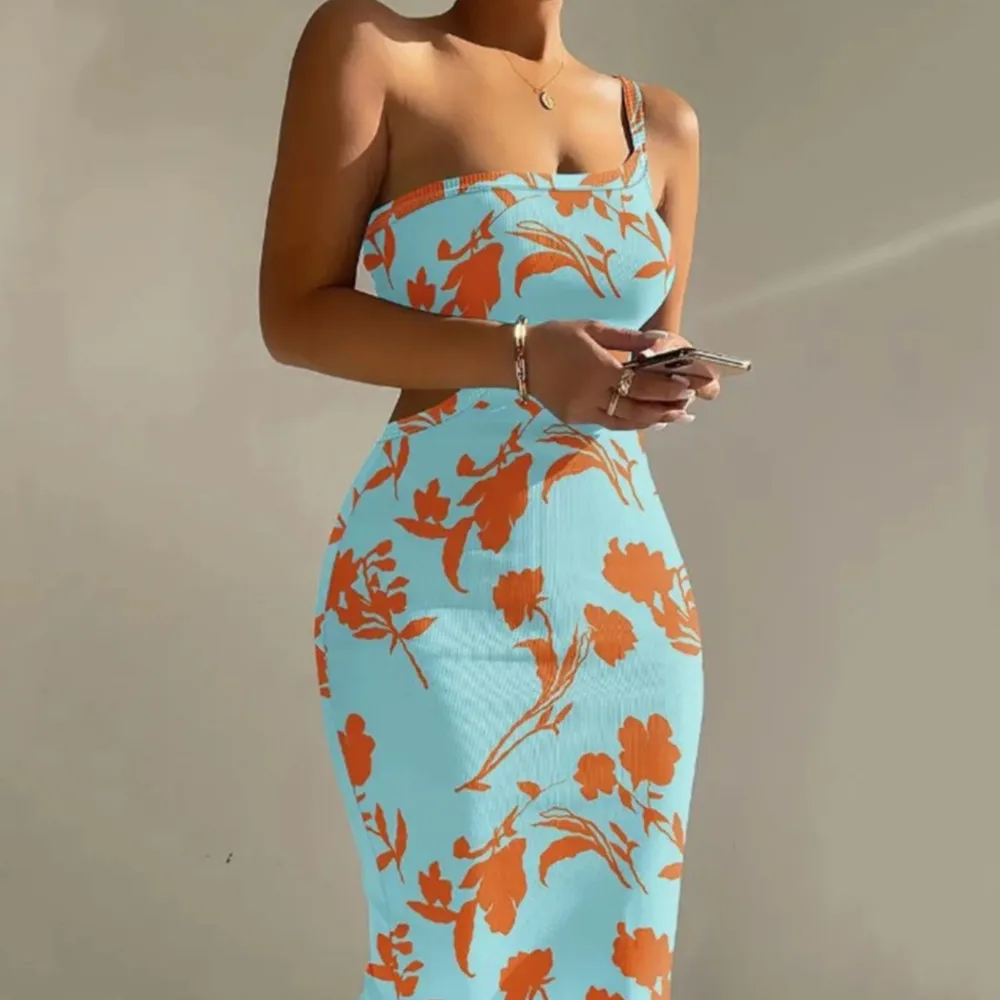 

Print One Shoulder Spaghetti Strap Dresses Women Sexy Hollow Out Backless Package Hip Bodycon Dress Fashion Trendy Lady Vestidos