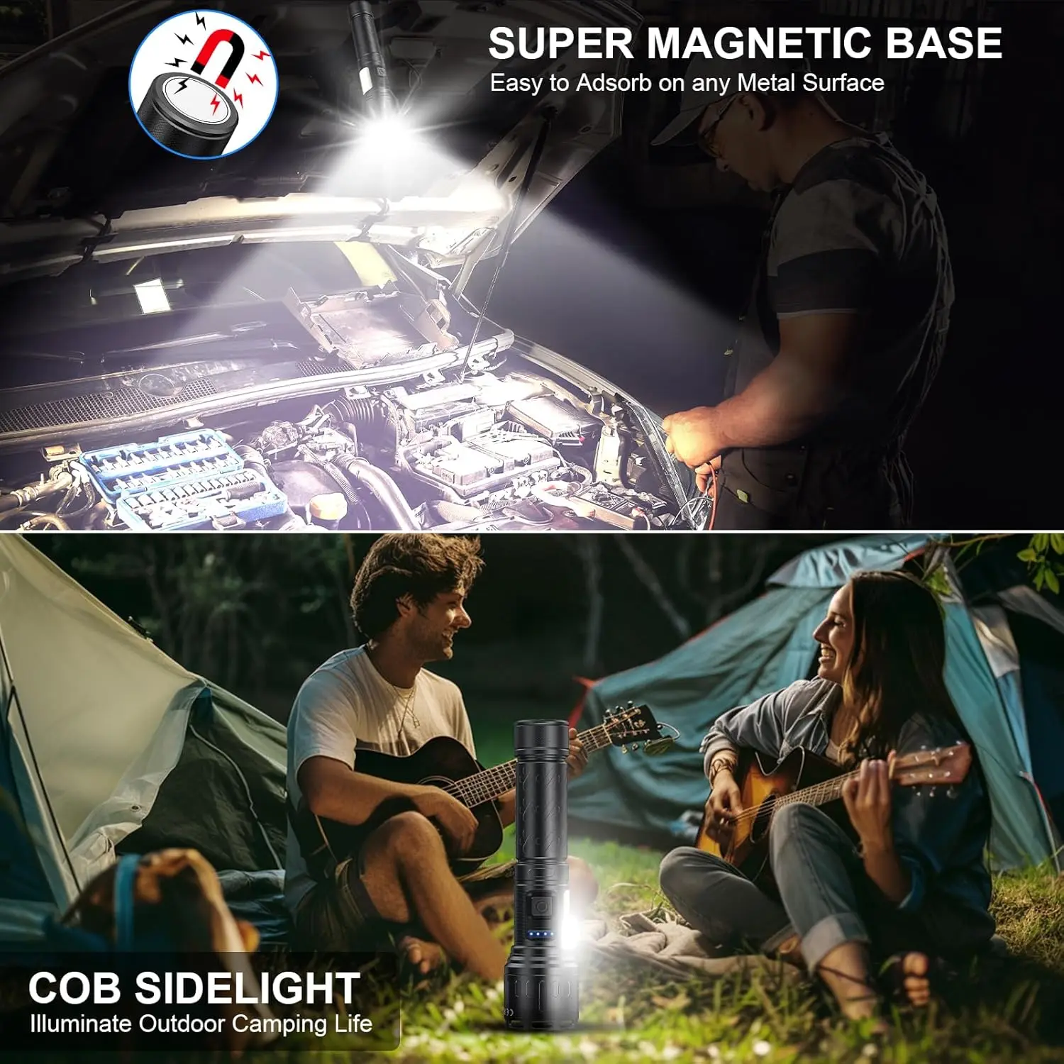 充電式磁気懐中電灯 高ルーメン 8モード COB作業灯付き 防水 キャンプ用 (2個 ブラック)