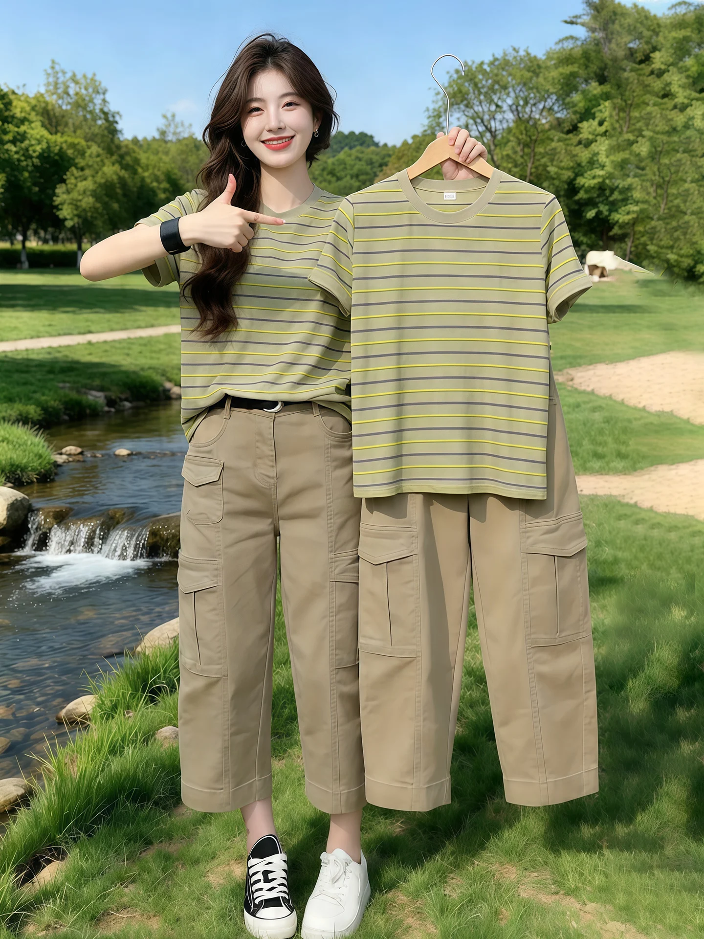 

Fashionable Striped Short Sleeve T-Shirt Women's Summer Casual Color Block Anti-Aging Top And Straight Leg Pants Set