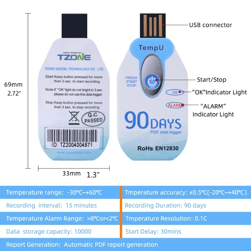 เครื่องบันทึกข้อมูล USB เซ็นเซอร์อุณหภูมิ & ความชื้นบันทึกข้อมูล PDF แบบใช้ครั้งเดียวลดค่าจัดส่ง