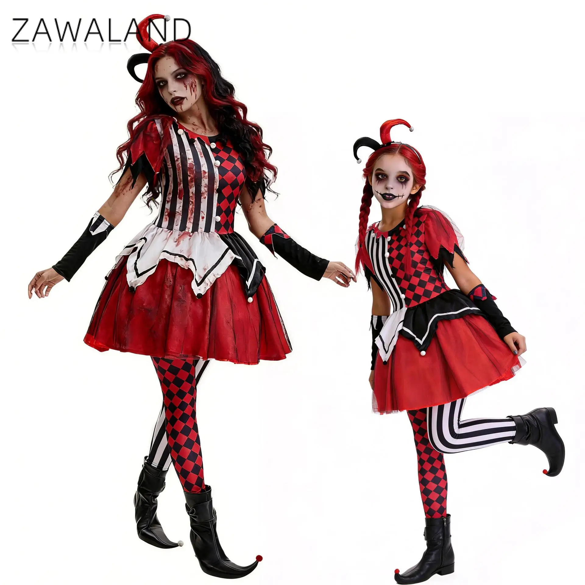 Zawaland - Conjunto de 4 Disfraces de Payaso de Halloween para Familia, Disfraz de Harley Quinn y Jester en Rojo y Negro, Traje de Payaso Malvado Sangriento para Cosplay y Fiestas