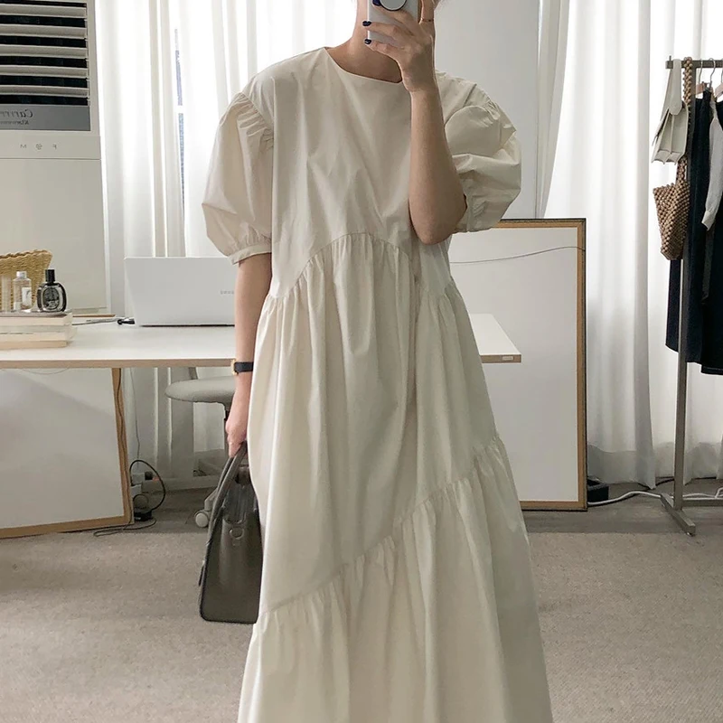 Chic Summer Gentle round Ne Pleated Waist Loose Color over Knee Bubble Sve Dr Long Dr Korean Sle