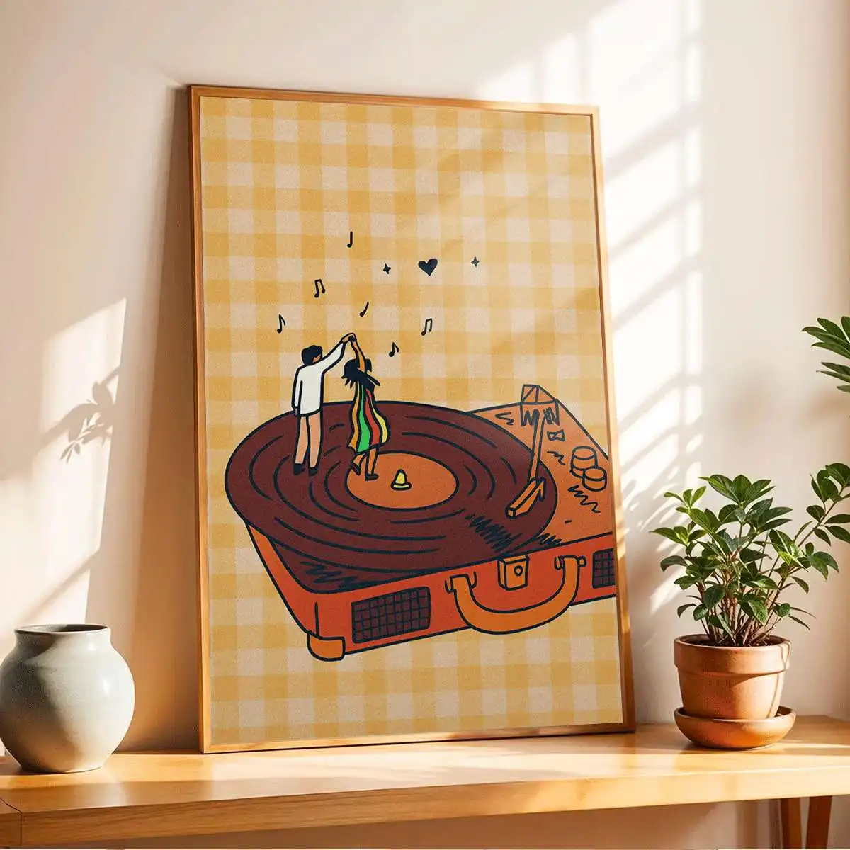 1PC Frameless  1pc 2D/Flat Dancing Couple Canvas Poster, Frameless Vinyl Record Player Themed Art Posters Cartoon Wall Decor for