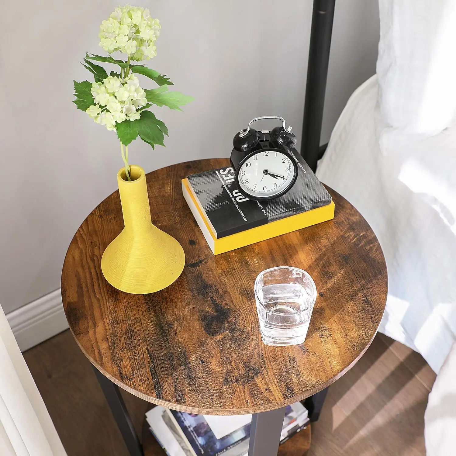 End Table, Round Side Table with Storage Shelf, Easy Assembly, Industrial Accent Furniture with Steel Frame