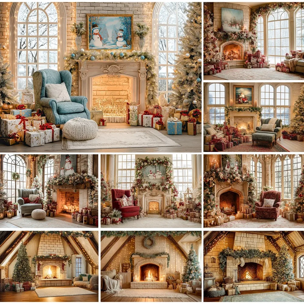 Christmas Fireplace Sofa Gift Theme Banner Decoration Background, Christmas Party, Home Decoration Photography Background Cloth