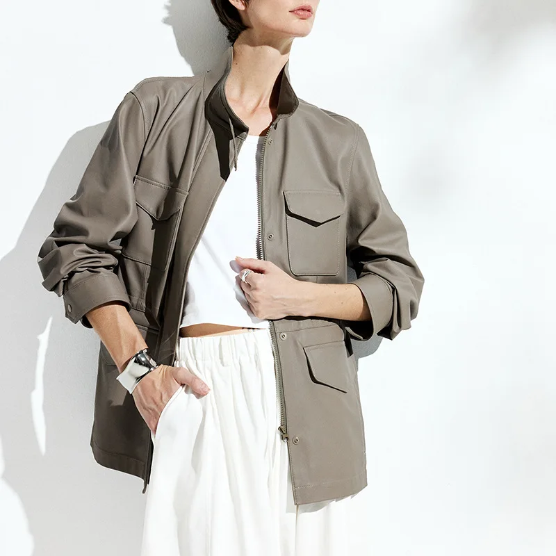Women's Natural Sheepskin Leather Jacket Winter European and American Style Soft and Light Traveling Coat with Waist Drawstring