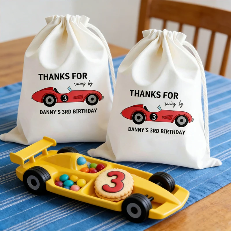 Personalisierte Rennwagen-Geschenktüten mit Kordelzug, Kindergeburtstag, Rennwagen-Thema, Willkommen, Dankeschön, Geschenk für Kinder, Party, Dekoration – Detail 6