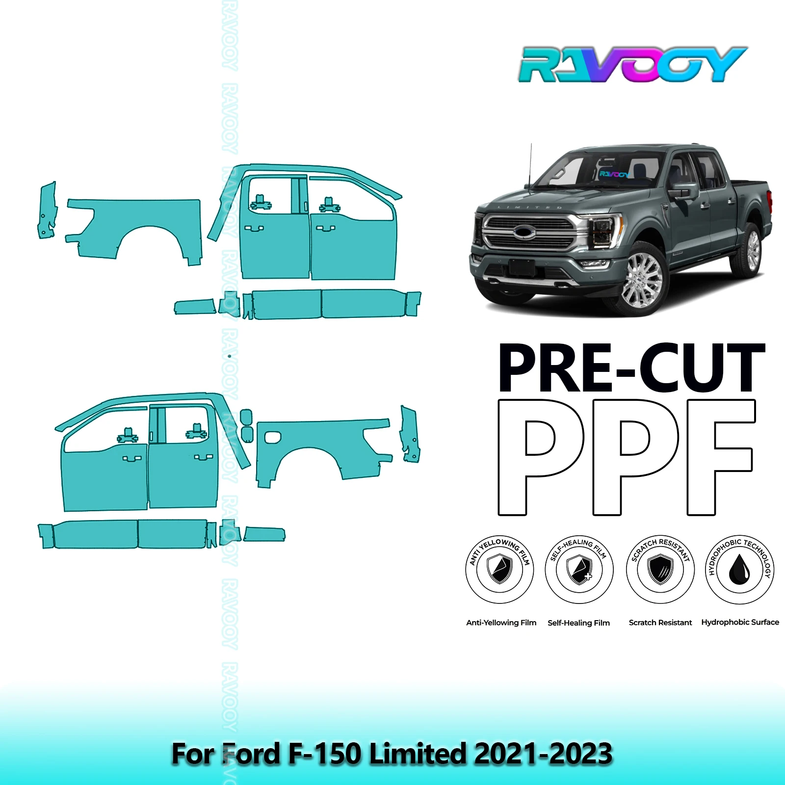 

For Ford F-150 Limited 2021-2023 8.5mil Clear Matte Pre-Cut PPF Door & A/B Pillar Kit TPU Paint Protection Film Set