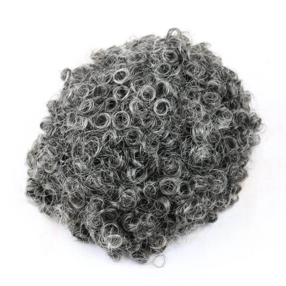 Afo Men Toupee parrucche per capelli umani ricci grigi protesi capillare di ricambio Base per pelle sottile intrecciata attaccatura dei capelli naturale 15mm ricci