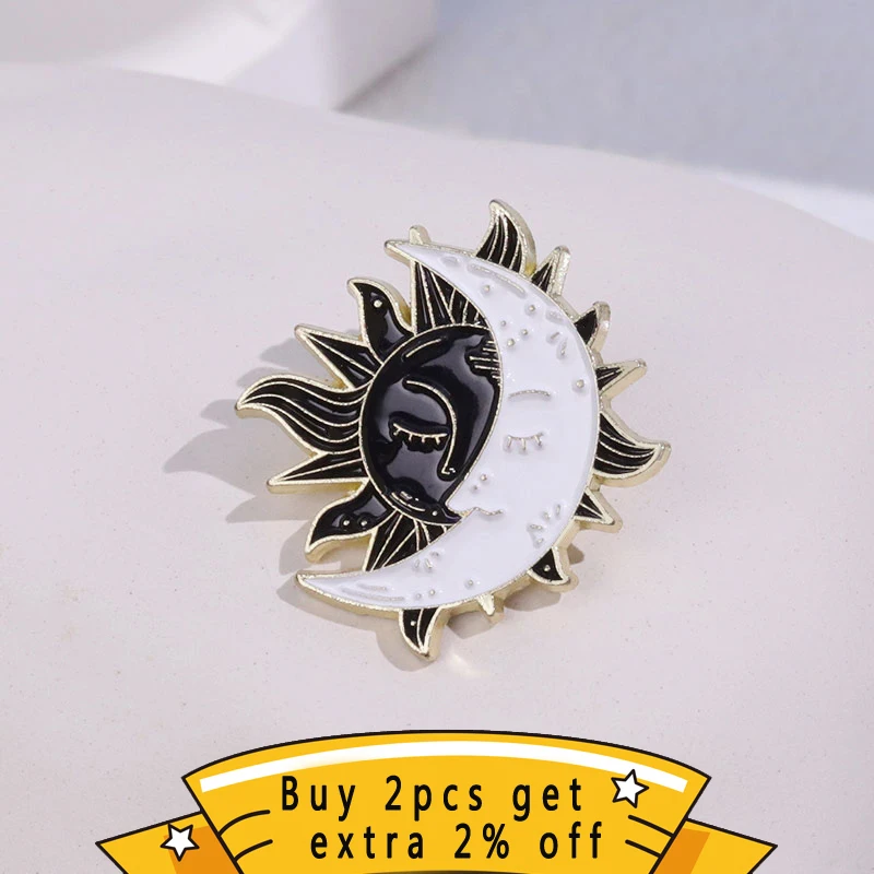 Black White Sun Moon Enamel Pins Custom Gothic Divination Brooches Lapel Badges Punk Retro Jewelry Gift For Best Friends