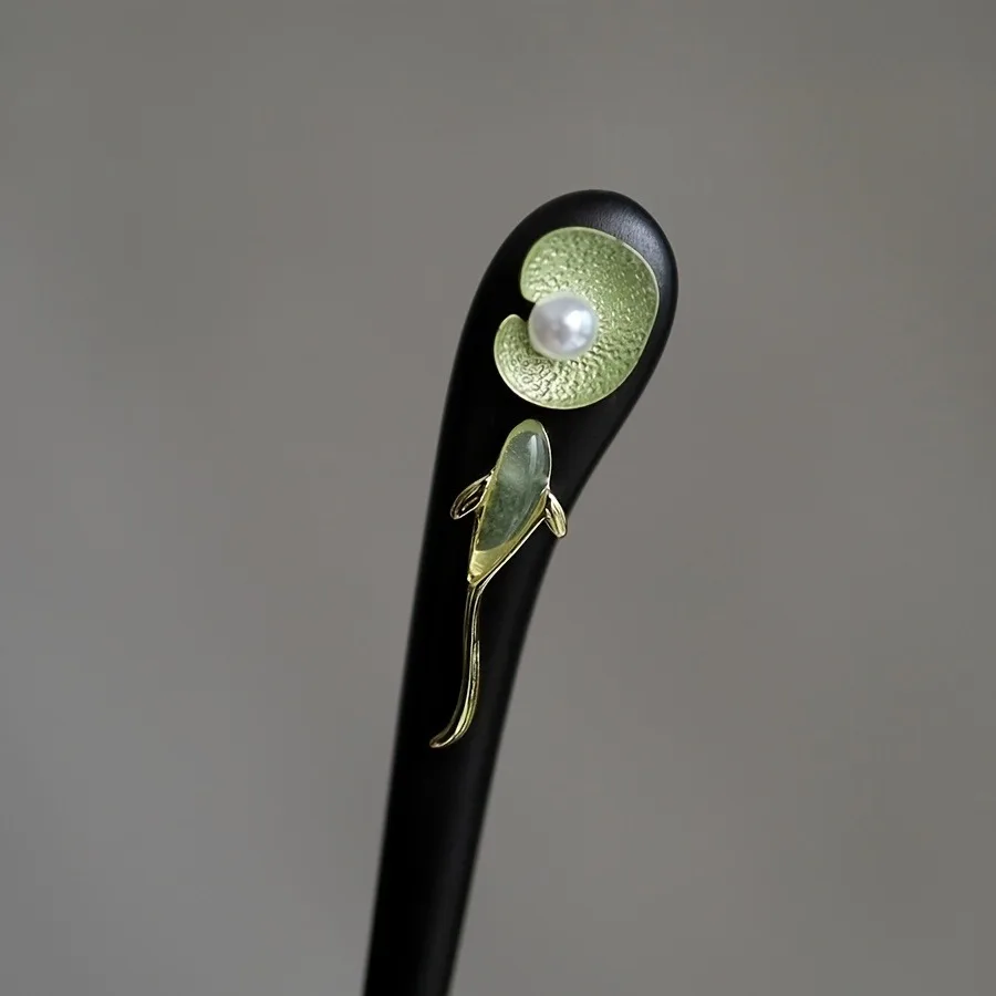 1pc Chinese Style Hair Stick: Black Wood with Gold, Green & Pearl Accents, Intricate Koi & Lotus Design, Perfect for Traditiona