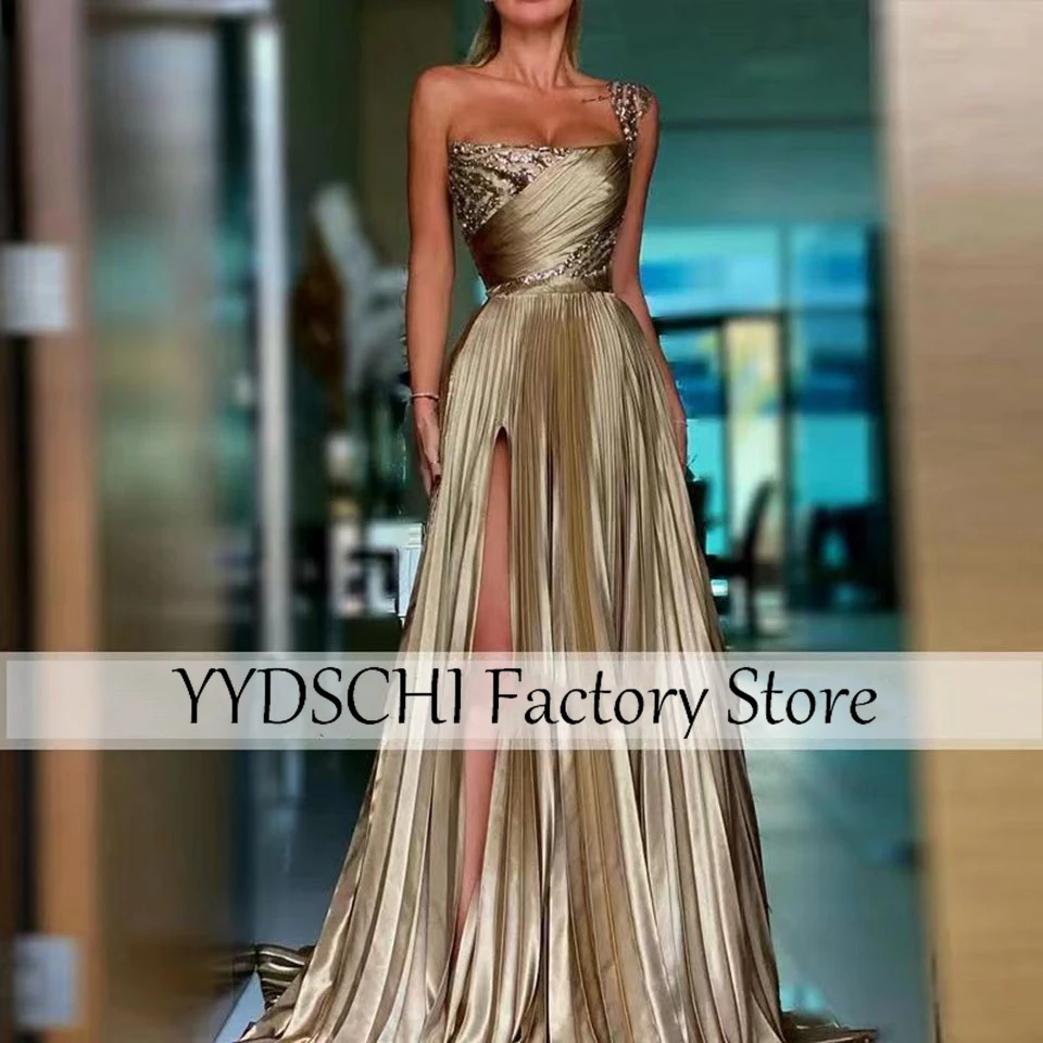 

Cocktail Dresses 2023 Gold Luxury Evening Gowns Satin Prom Dress One Shoulder Sparkly Sequin Long Celebrity Dresses For Women